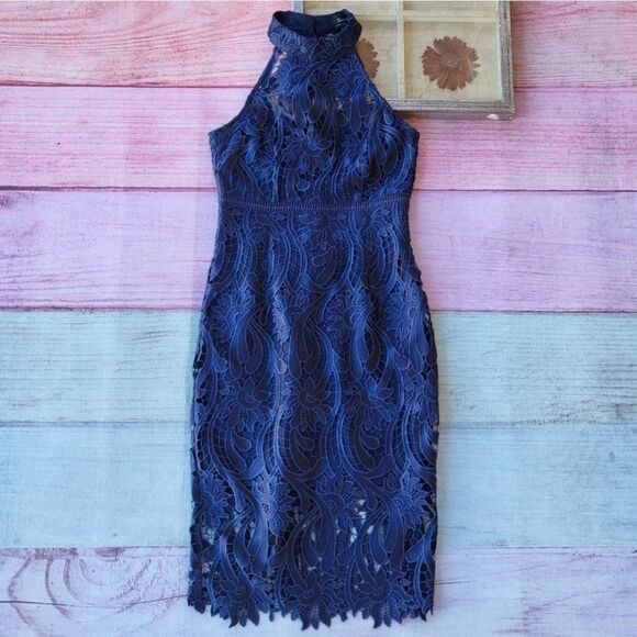 Bardot Isa Blue Lace Halter Neck Sleeveless Fitted Cocktai Sheath Midi Dress 4US - Picture 2 of 7